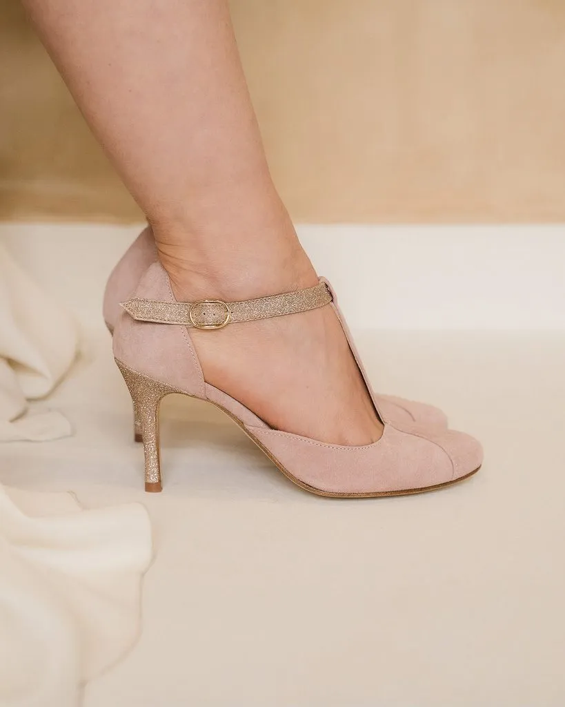 Dessine Moi Un Soulier Salomé velours vieux rose paillettes dorées