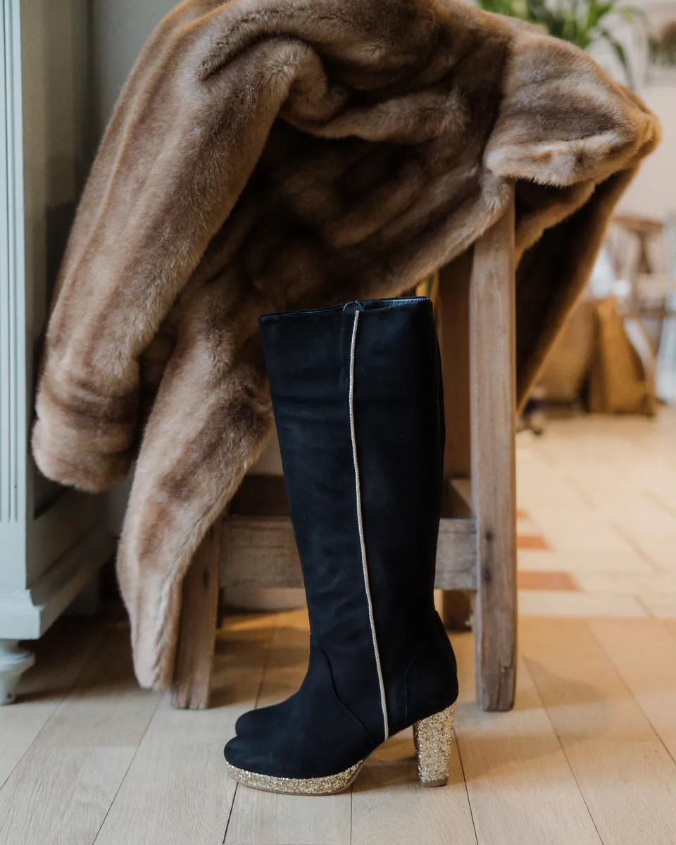 Dessine Moi Un Soulier botte plateforme velours noir champagne