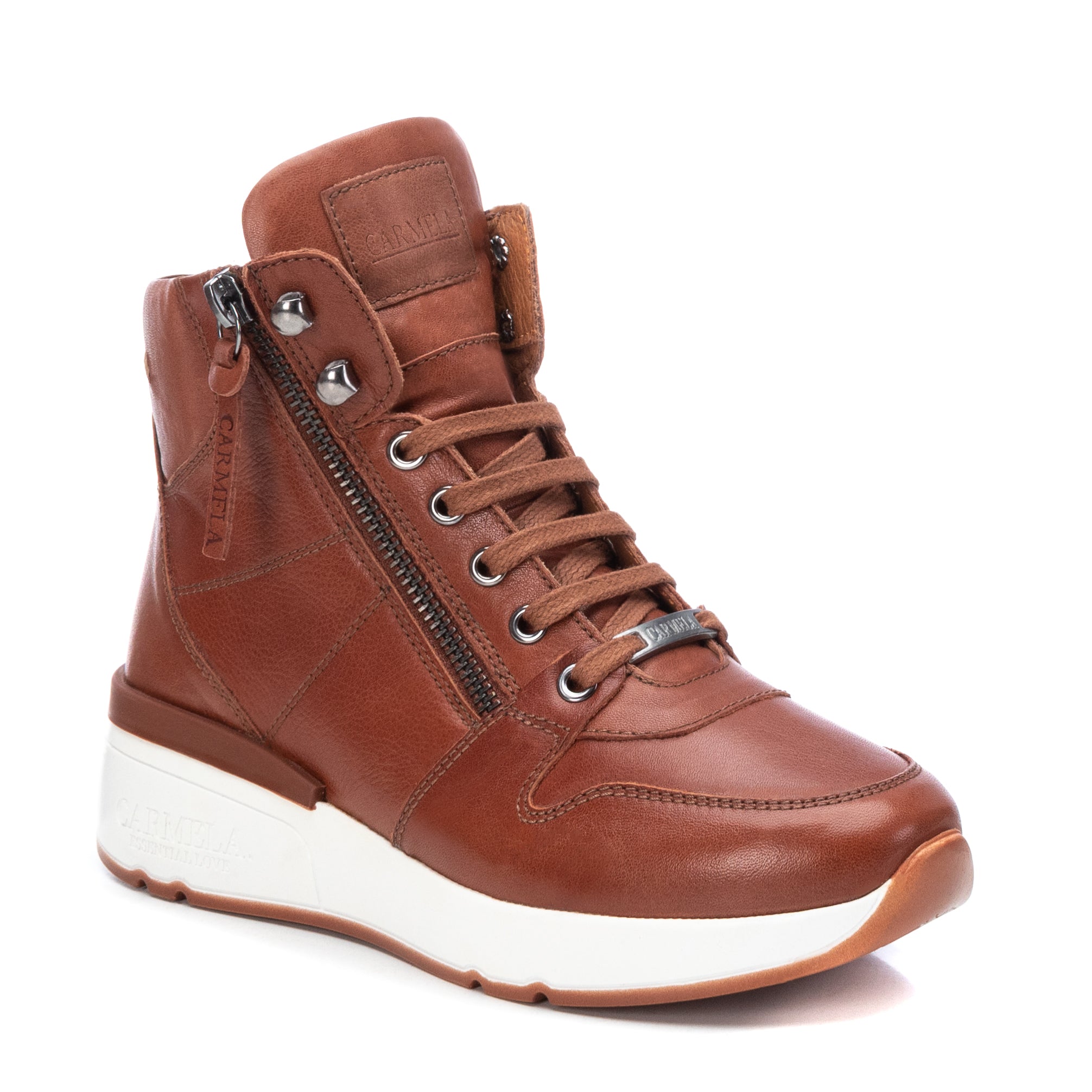 Carmela 16021502 baskets cuir marron zip plat