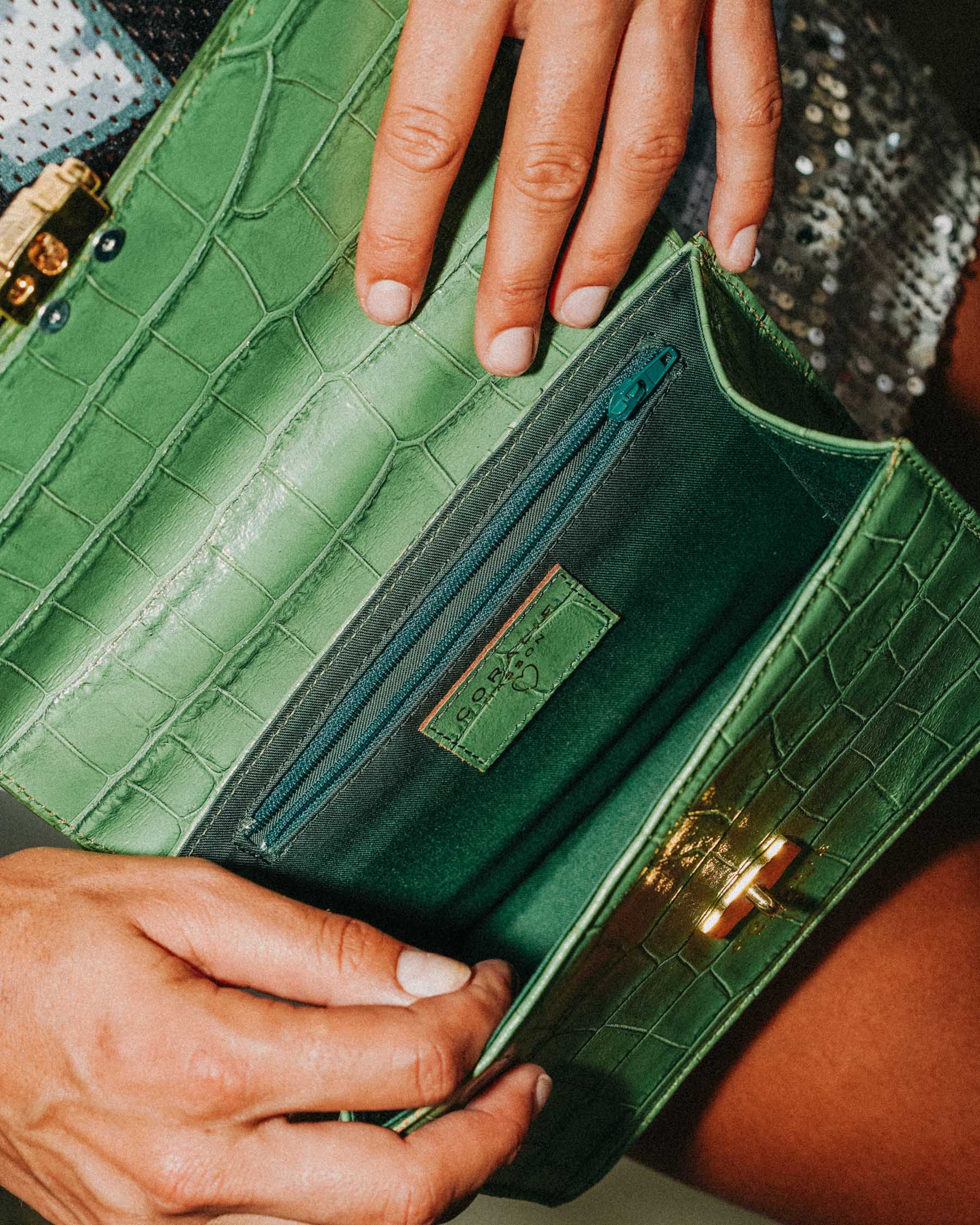 Coralie Masson Reese mini sac cuir croco vert sauge