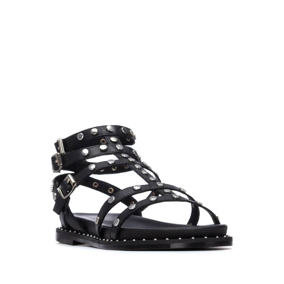 Carmela 16320102 sandale femme cuir noir romaine plate clous