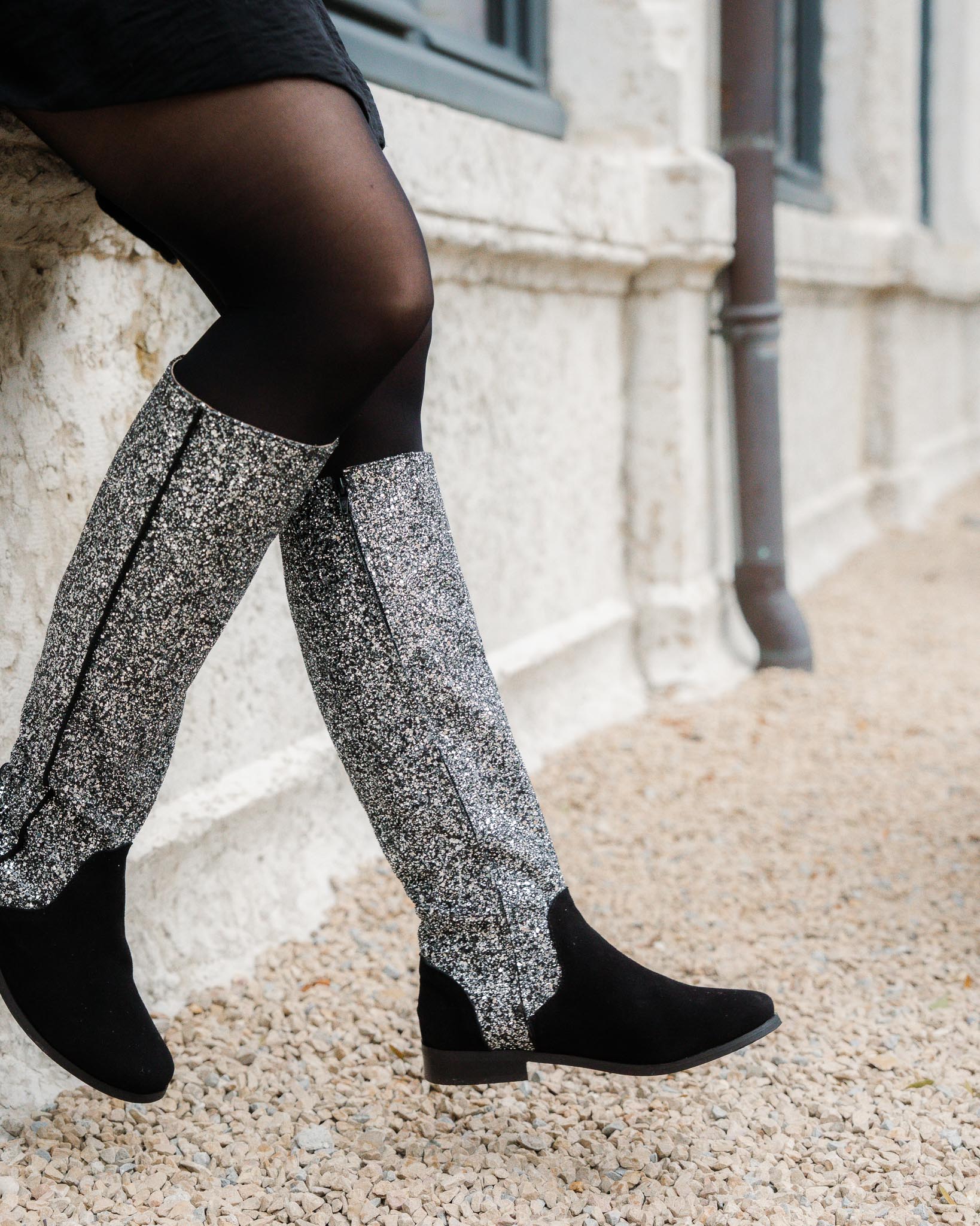 Dessine Moi Un Soulier bottes plates velours noir glitter chrome