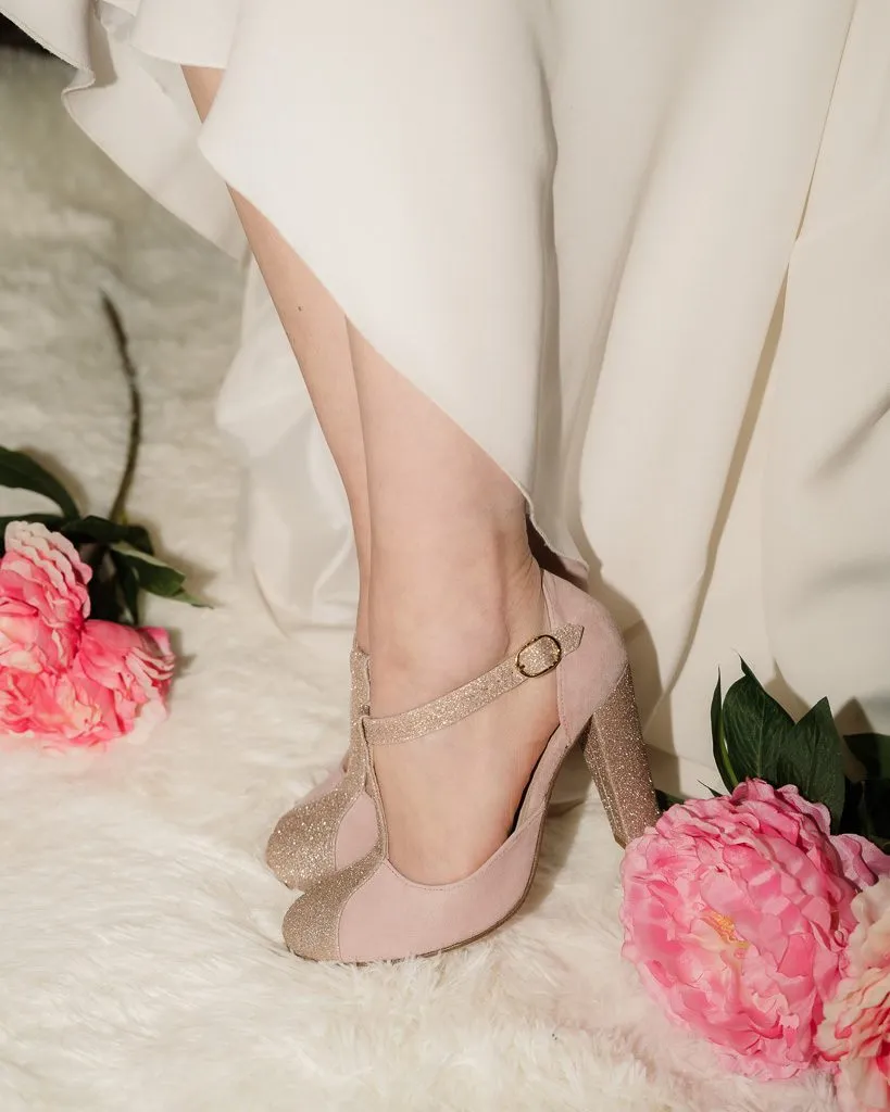 Dessine Moi Un Soulier salomé velours rose ballerine or blond