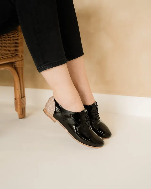 Dessine Moi Un Soulier Richelieu plat vernis noir paillettes or