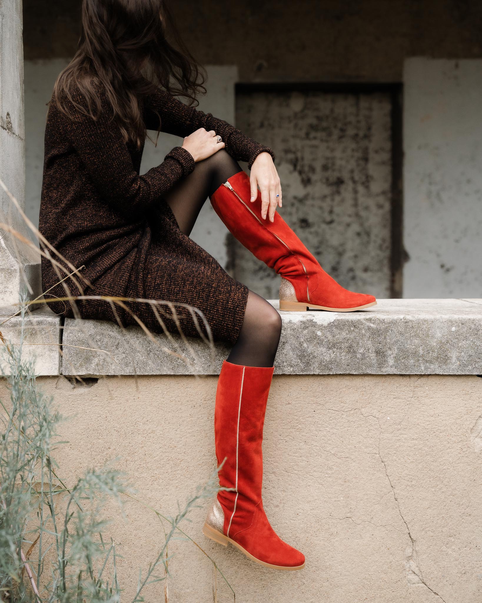 Dessine Moi Un Soulier bottes plates velours terracotta cuir