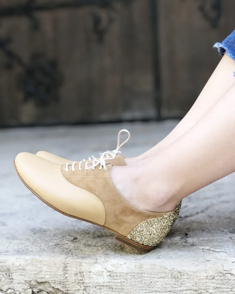 Dessine Moi Un Soulier Richelieu plat cuir camel glitter