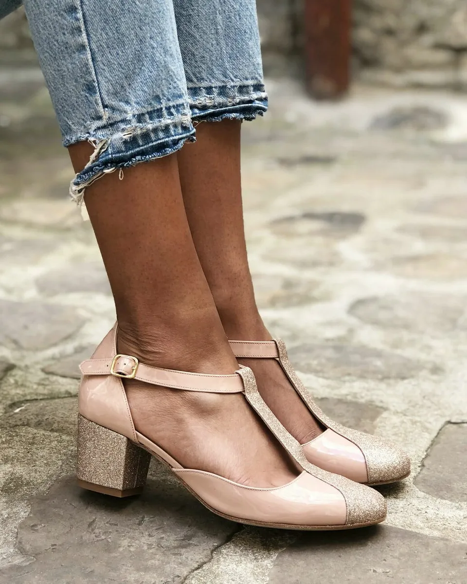 Dessine Moi Un Soulier Salomé escarpins vernis vieux rose or blond