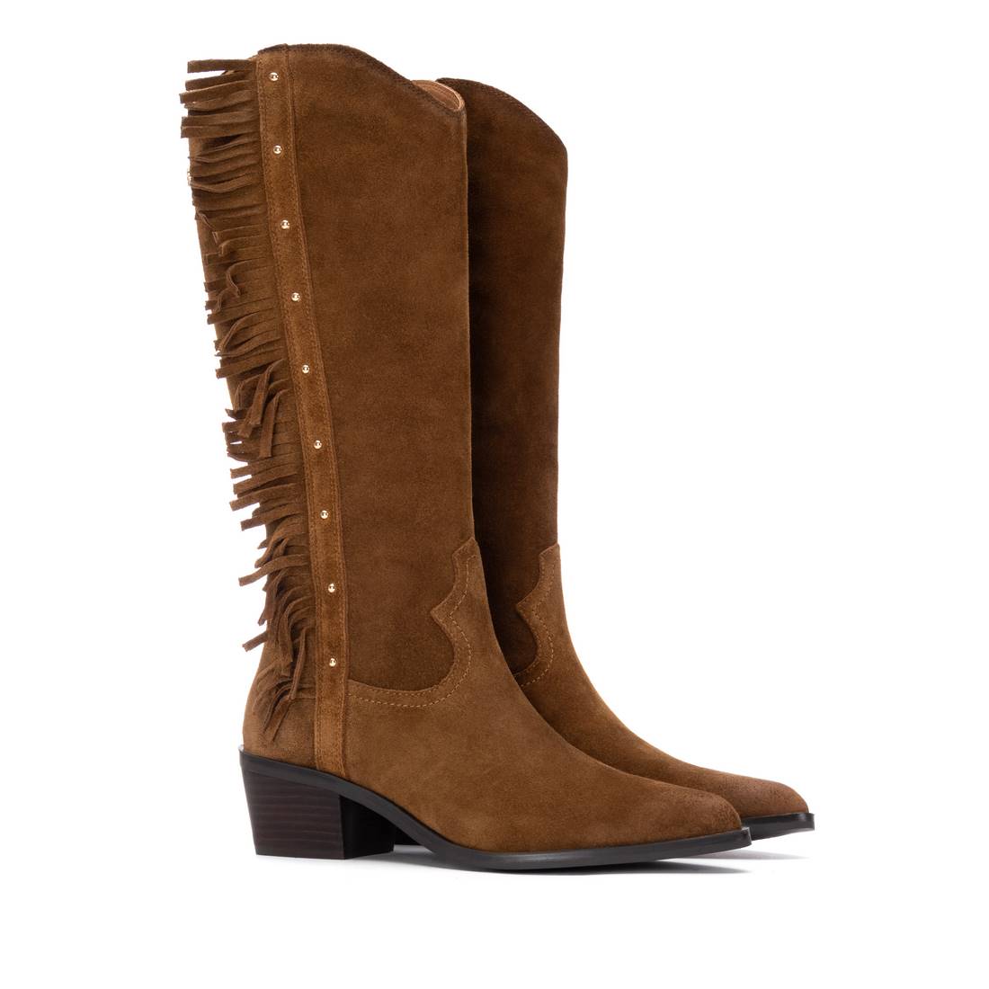 Carmela 16266401 botte talon camel daim franges