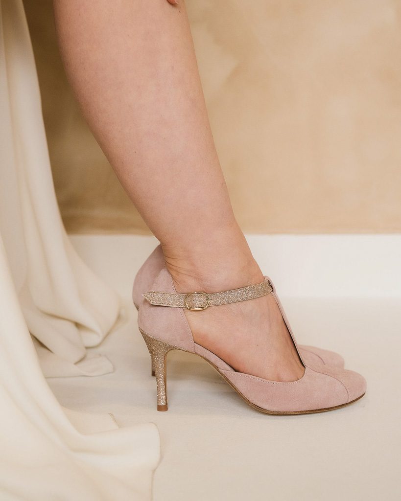 Dessine Moi Un Soulier Salomé velours vieux rose paillettes dorées