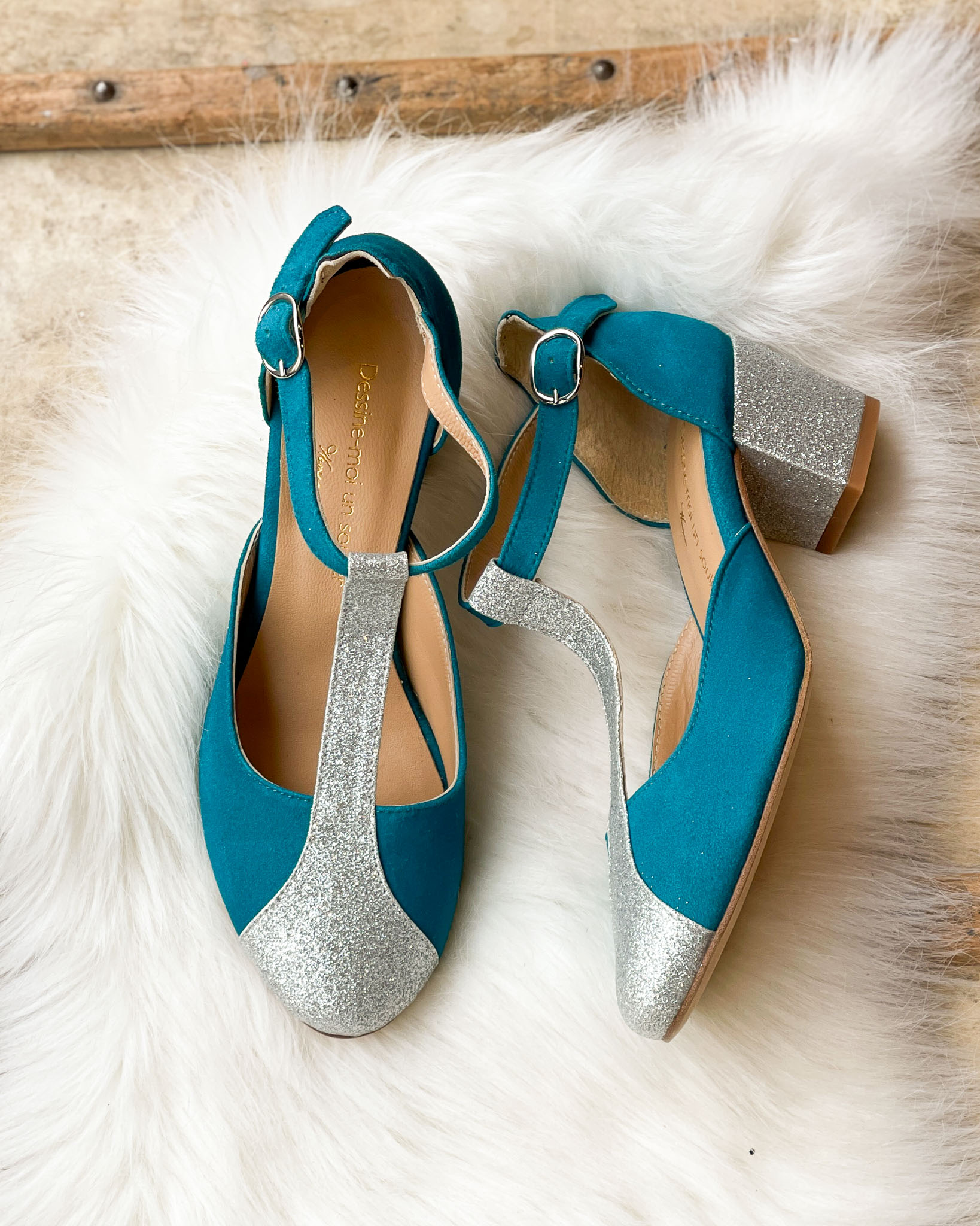 Dessine Moi Un Soulier Salomé velours turquoise argent 37