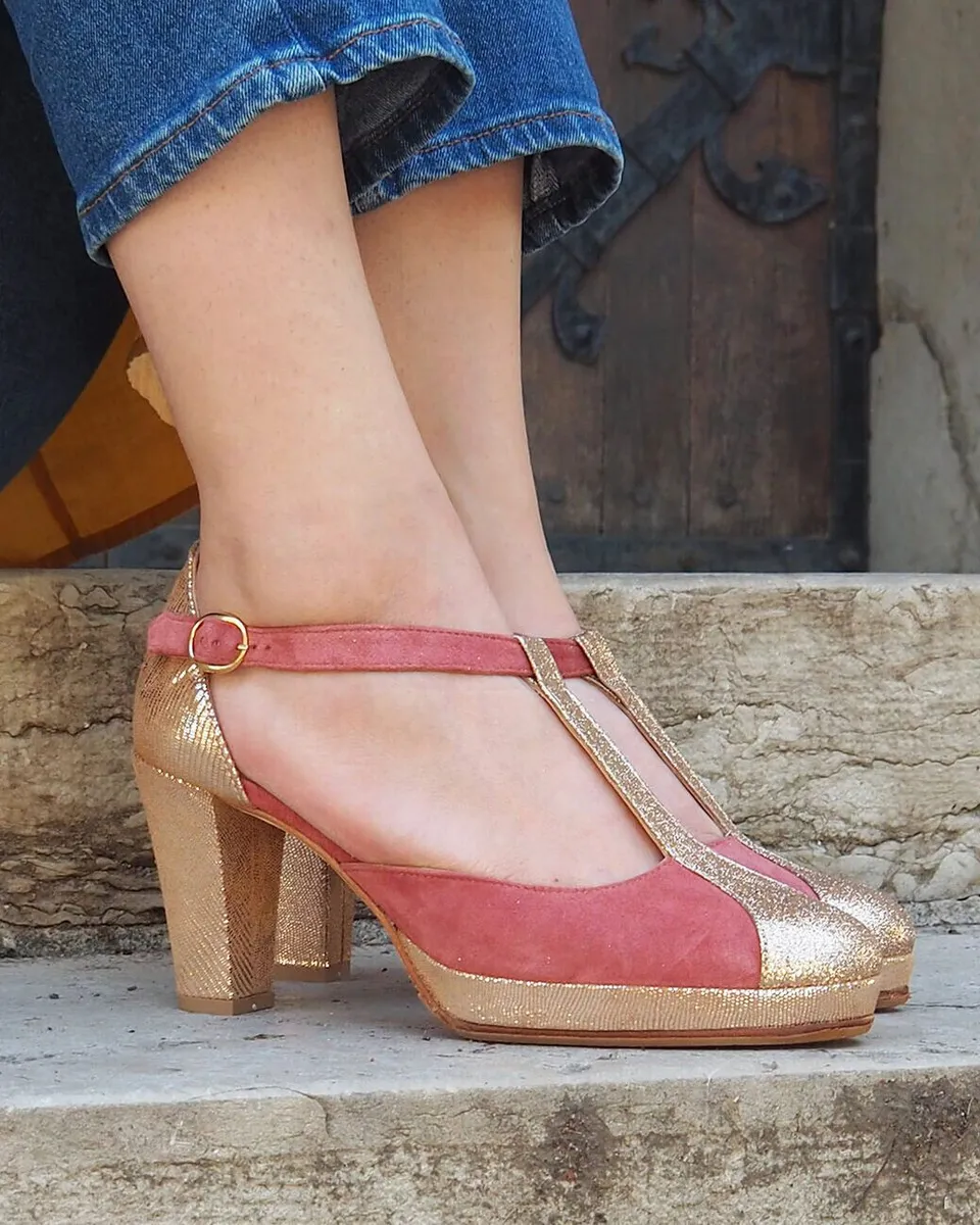 Dessine Moi Un Soulier Salomé plateforme rose thé bronze