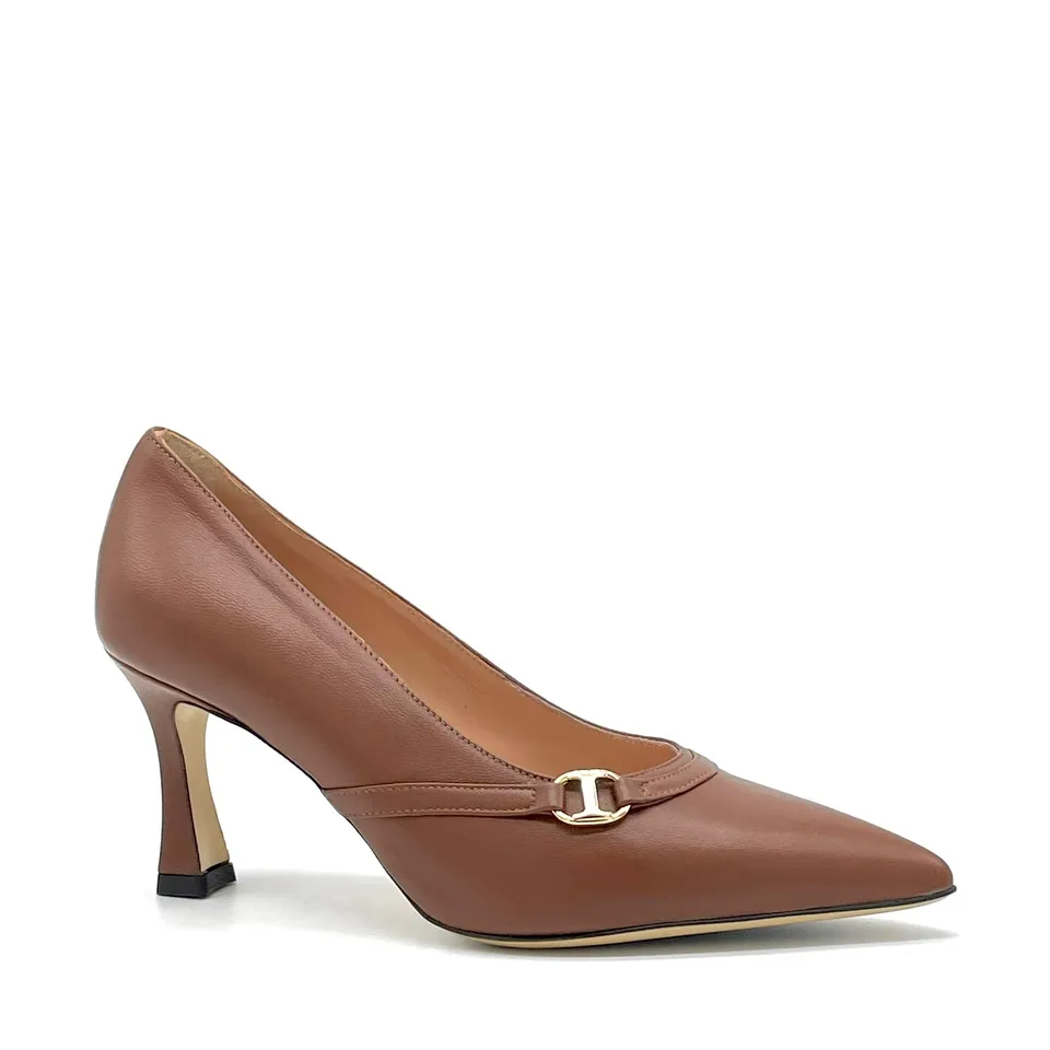 Elata 56502 escarpins cuir cognac boucle dorée talon 7,5 cm