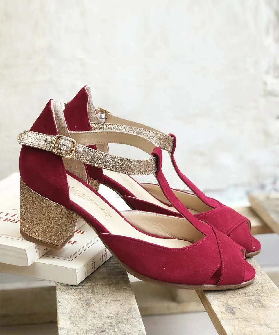 Dessine Moi Un Soulier salomé bordeaux doré talon 6 cm