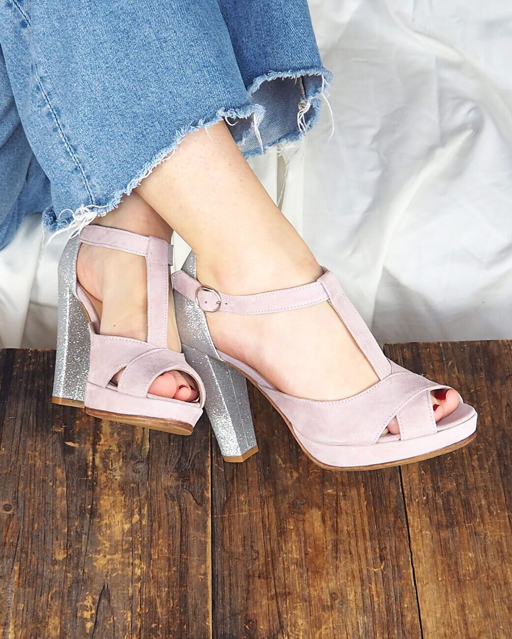 Dessine Moi Un Soulier salomé plateforme velours rose paillettes