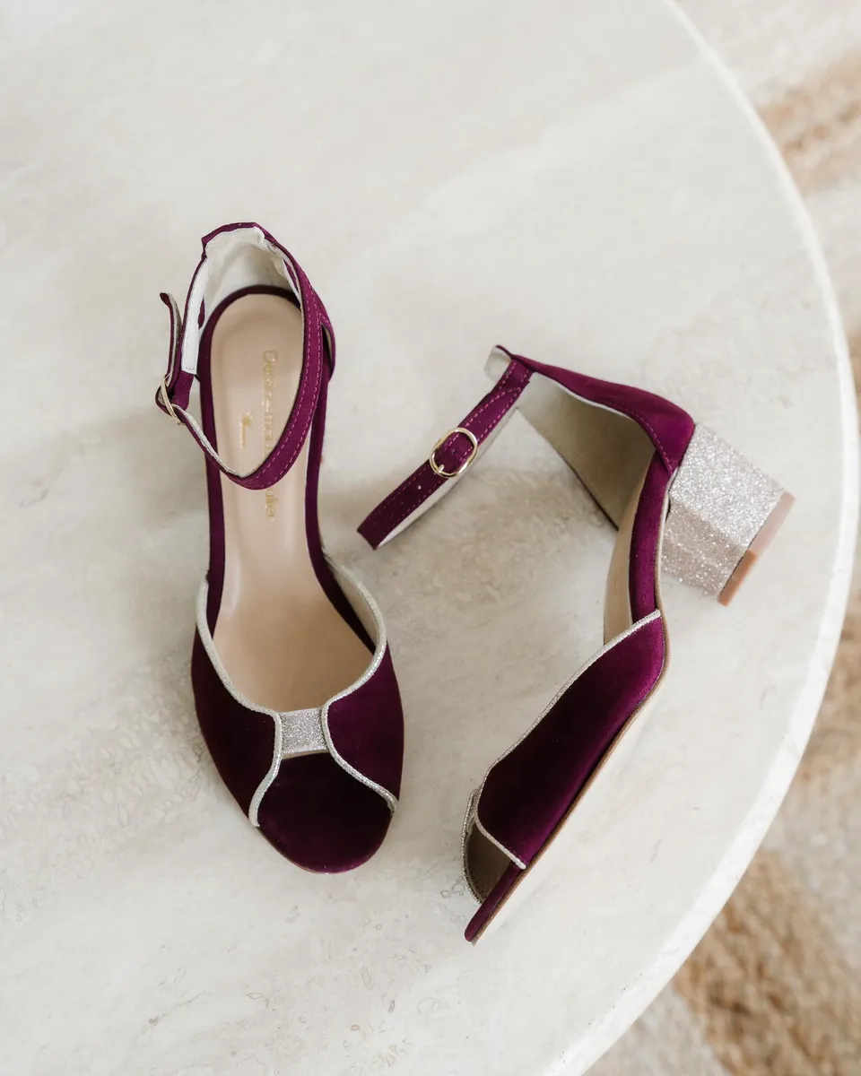 Dessine Moi Un Soulier Charlotte sandale velours grenat paillettes or
