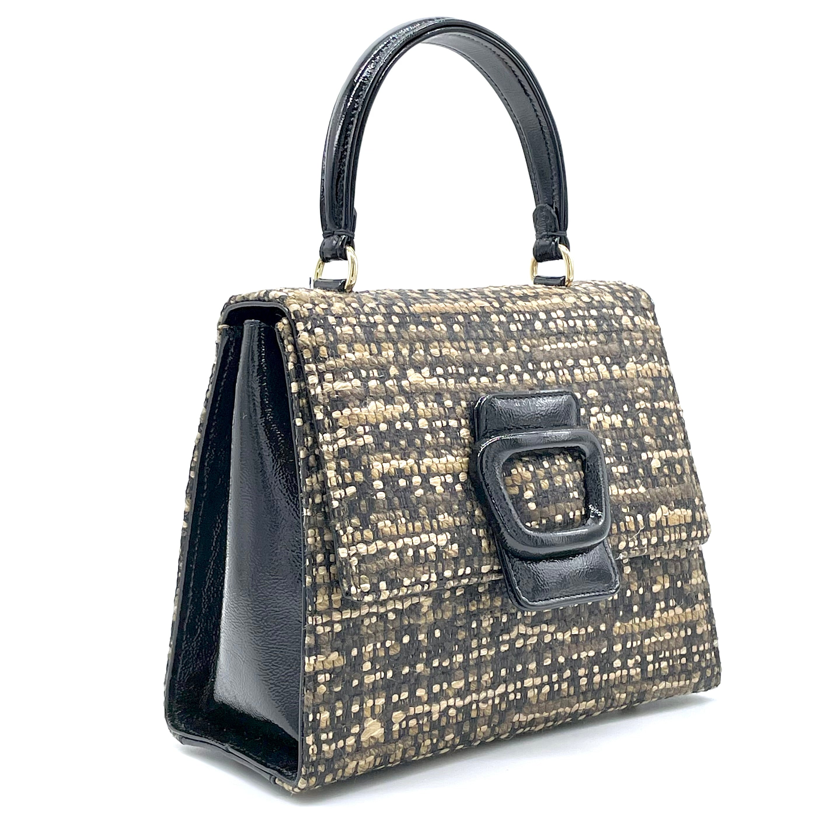 ELATA E970 sac tweed beige verni noir 20x17 cm