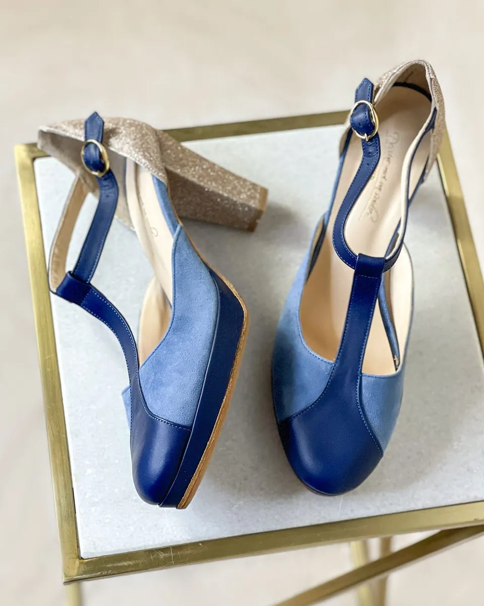 Dessine Moi Un Soulier Salomé Velours Bleu Marine Or 41,5