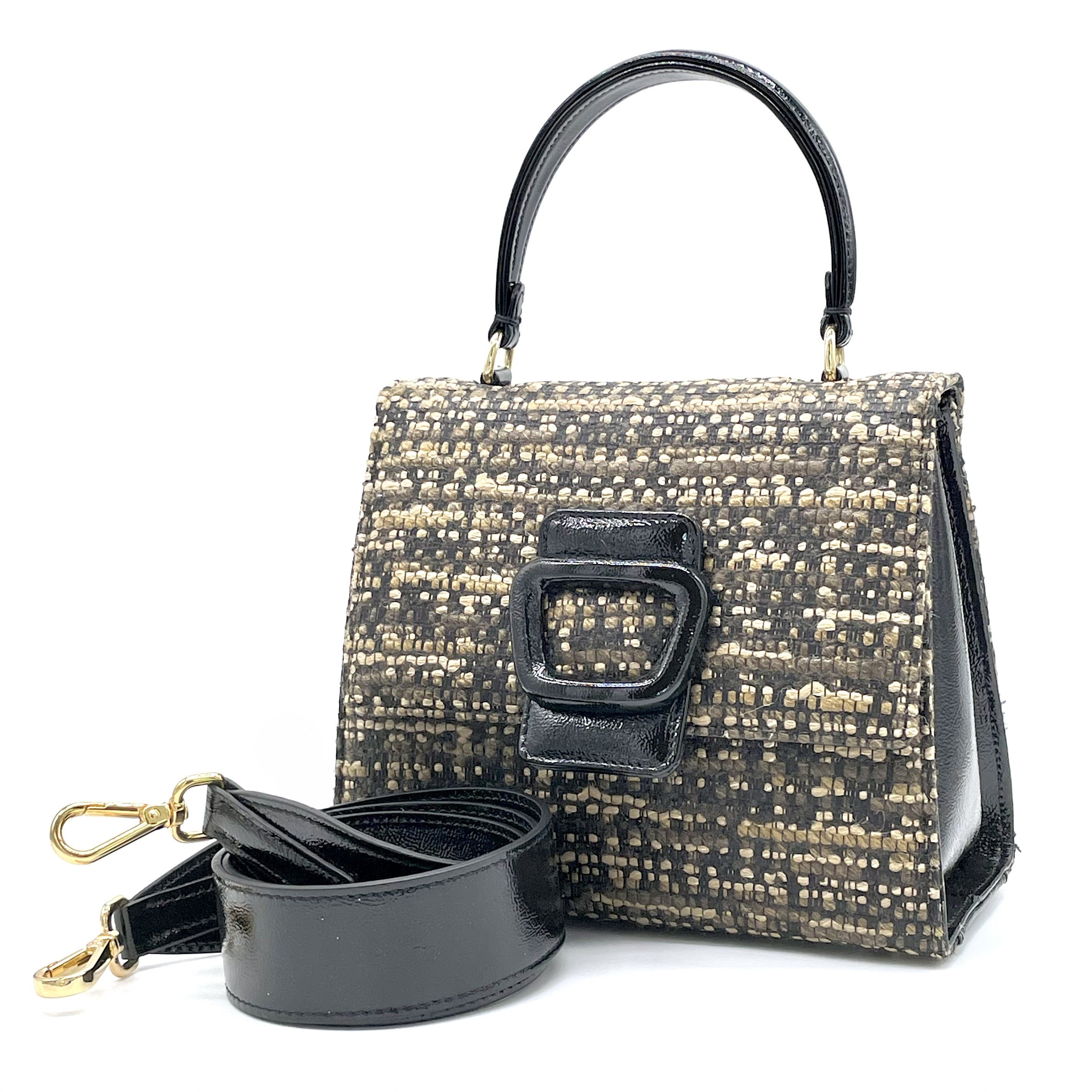 ELATA E970 sac tweed beige verni noir 20x17 cm
