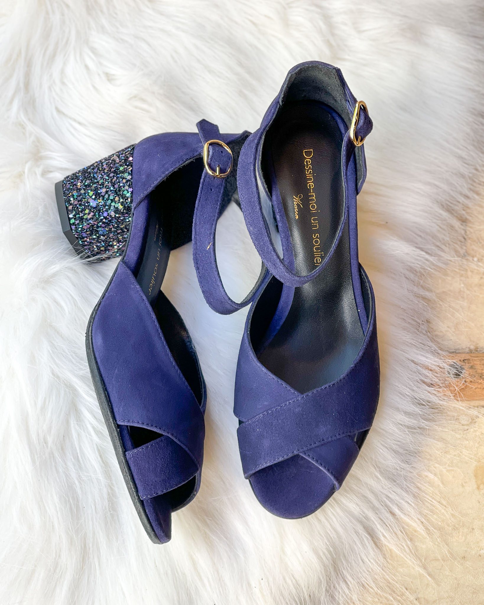 Dessine Moi Un Soulier Salomé velours marine glitter starlight ouverte