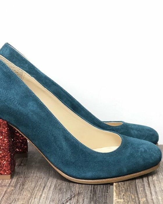 Dessine Moi Un Soulier Escarpin velours bleu canard glitter rouge