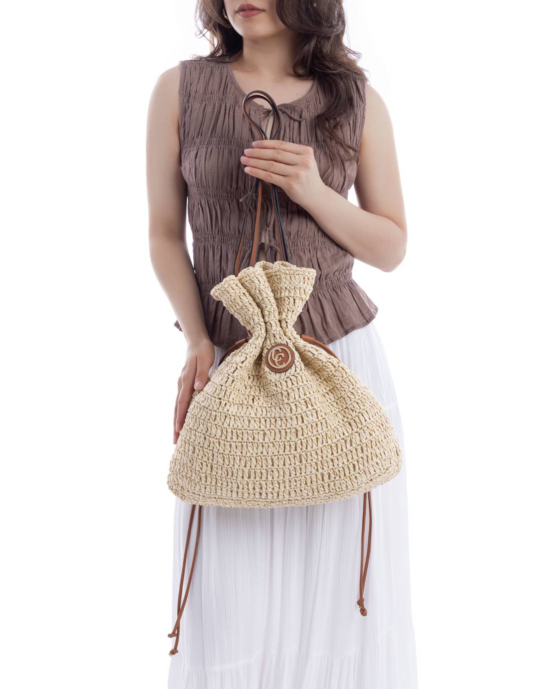 Carmela 18622001 sac épaule raphia beige 40 cm