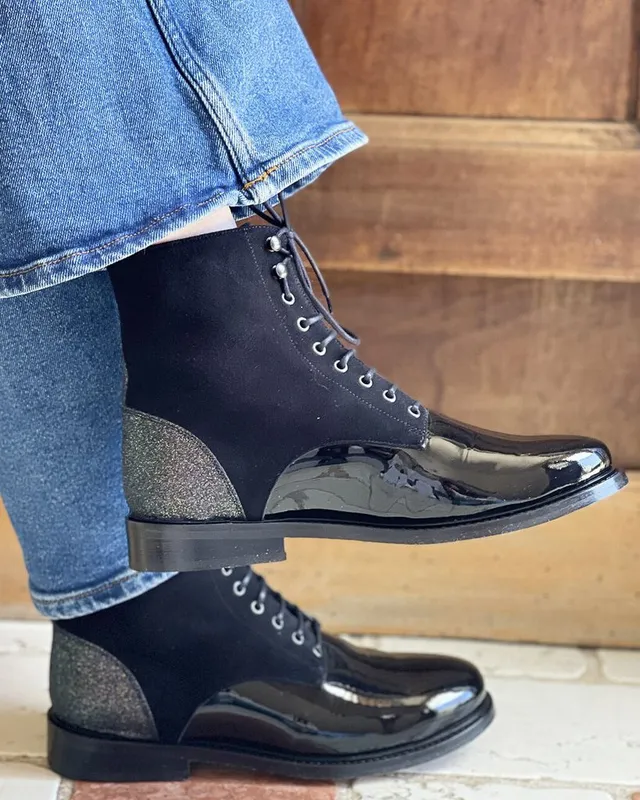 Dessine Moi Un Soulier Billie velours vernis noir bottine plate personnalisée