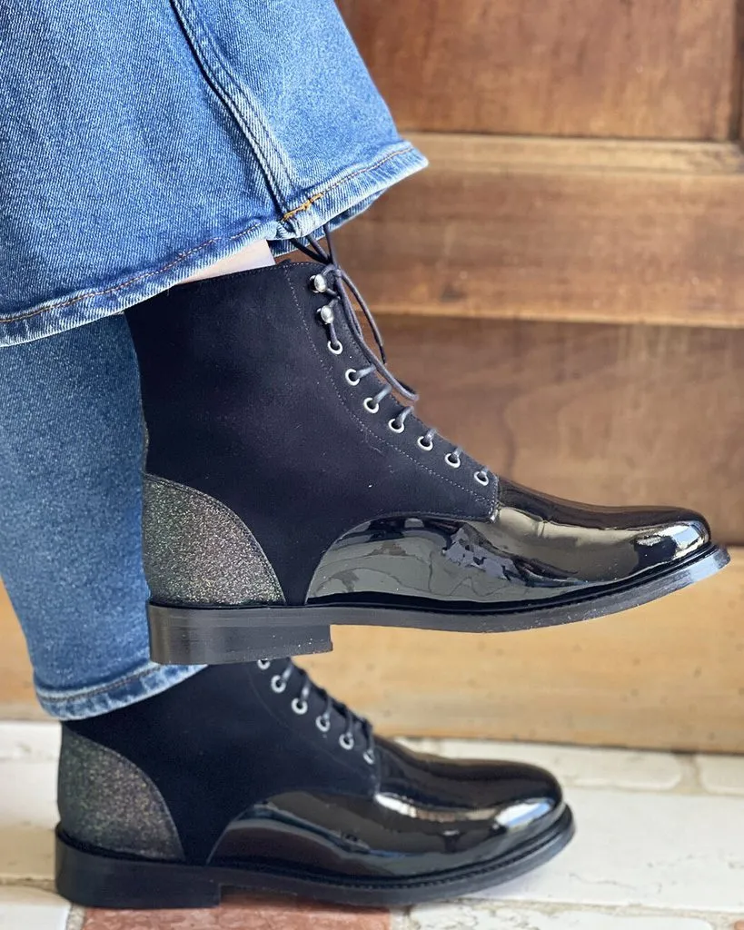 Dessine Moi Un Soulier Billie velours vernis noir bottine plate personnalisée