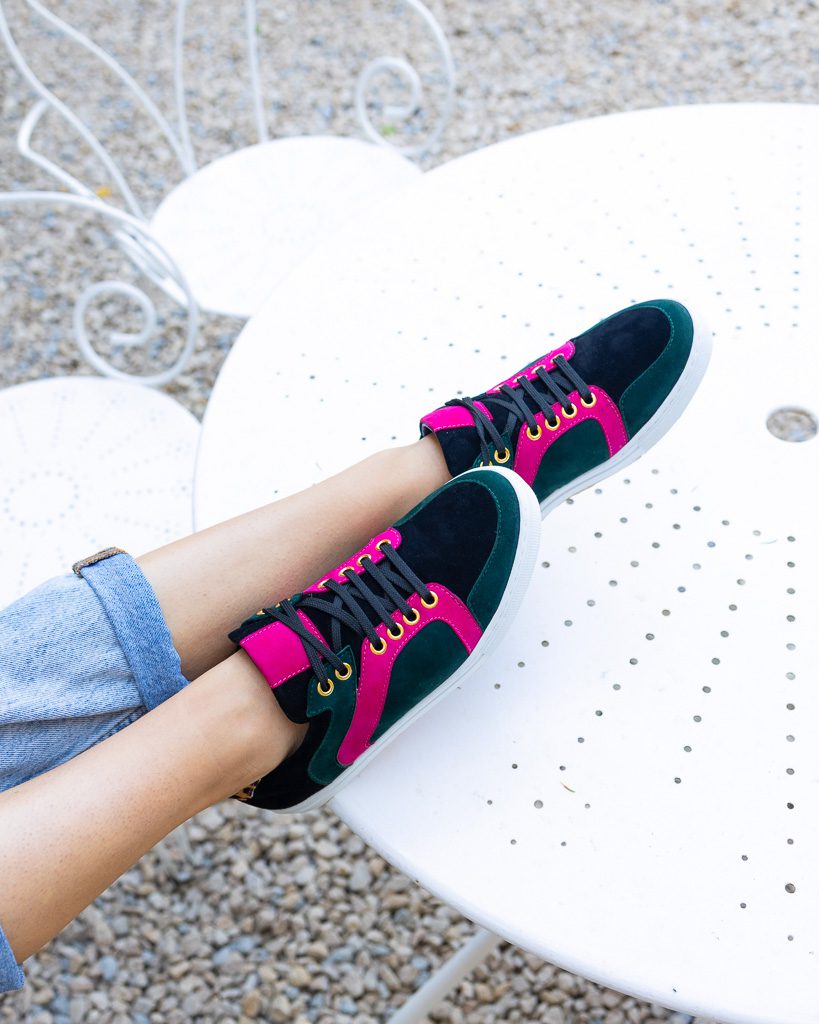 Dessine Moi Un Soulier Oscar baskets velours noir vert sapin rose vif