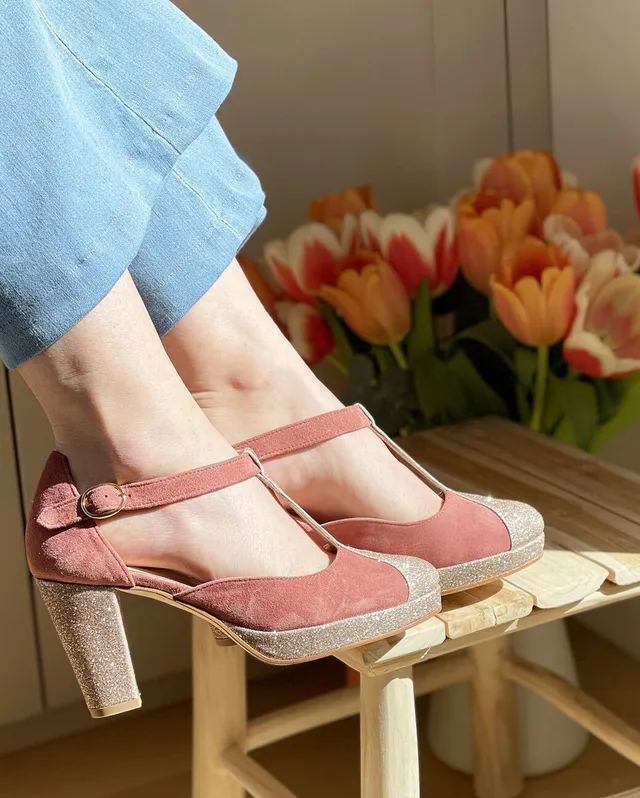 Dessine Moi Un Soulier Salomé plateforme rose thé or blond