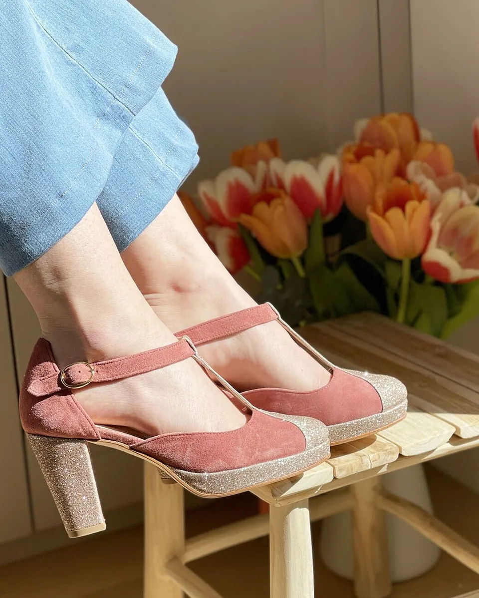 Dessine Moi Un Soulier Salomé plateforme rose thé or blond