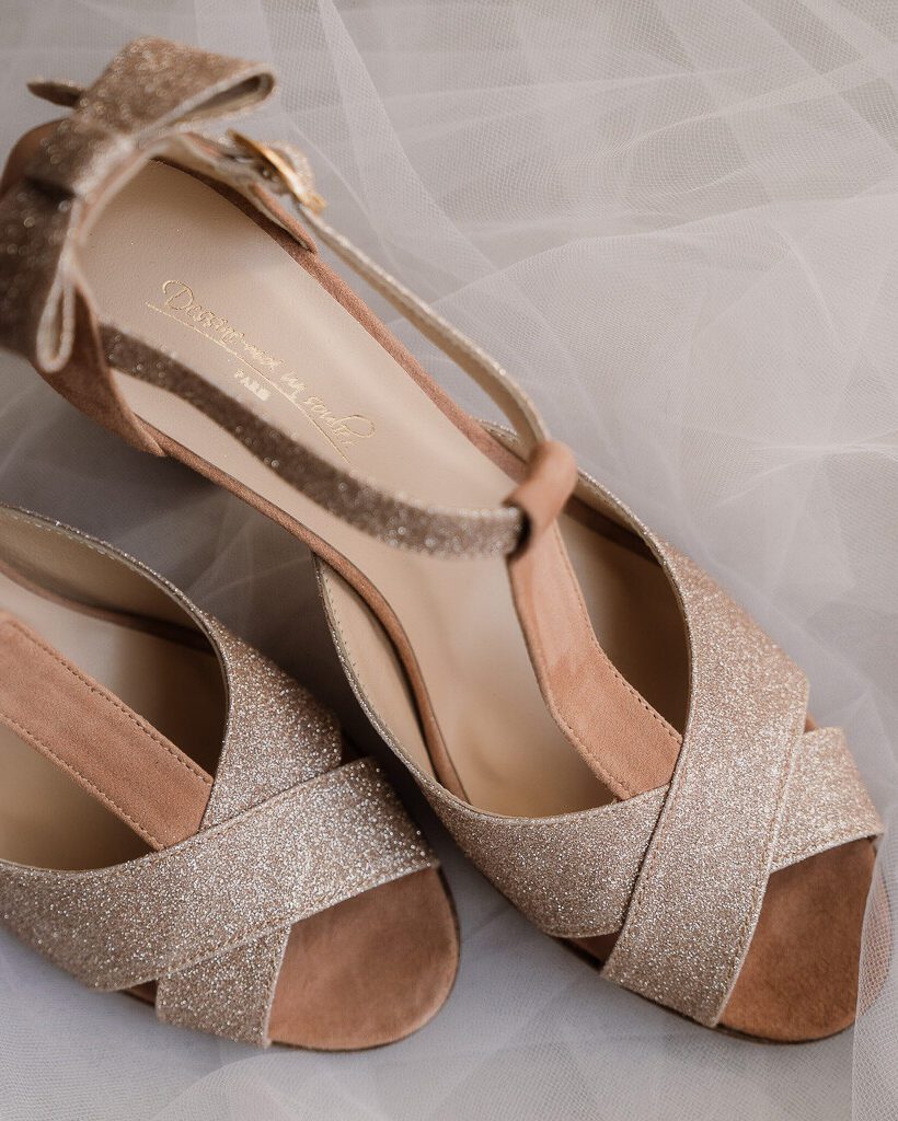 Dessine Moi Un Soulier Salomé ouverte paillettes or bois de rose