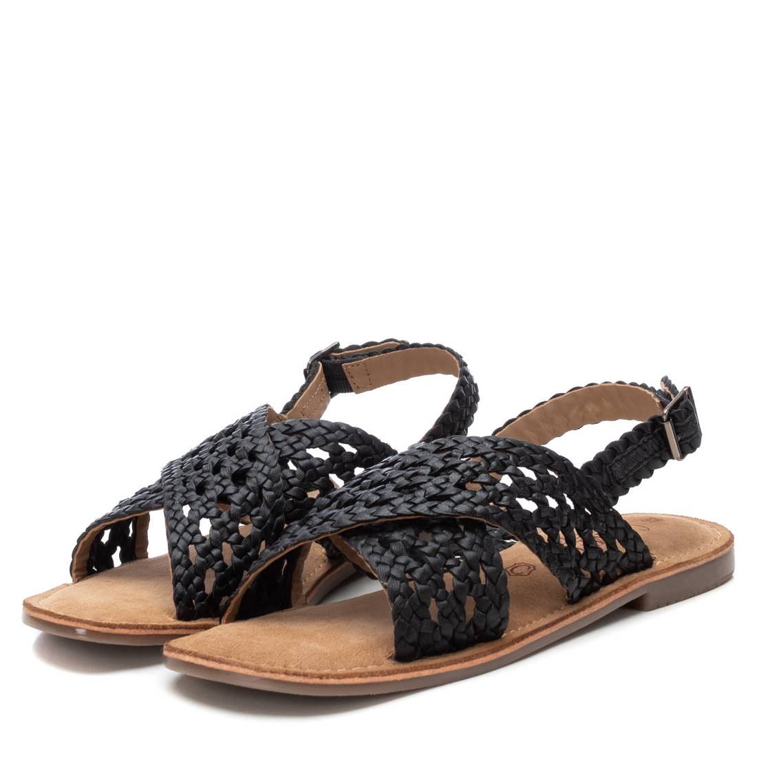 Carmela 16164503 sandale cuir noir tressee plate