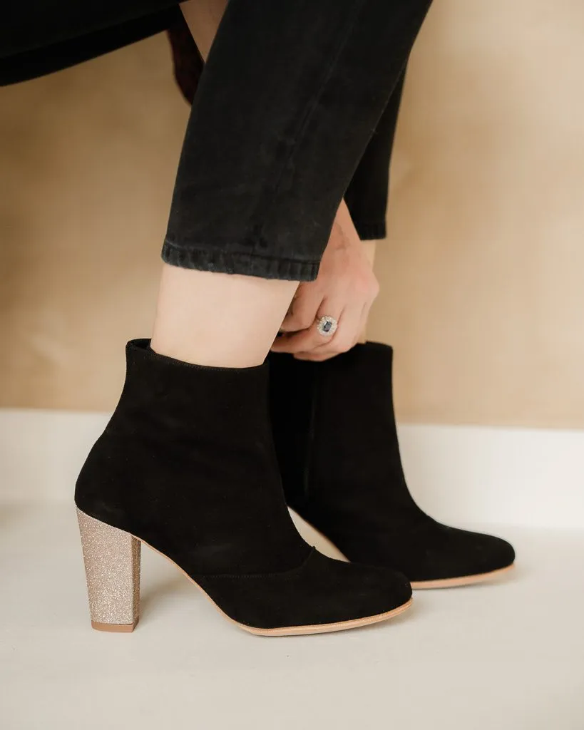 Dessine Moi Un Soulier bottine velours noir paillettes or talon petit