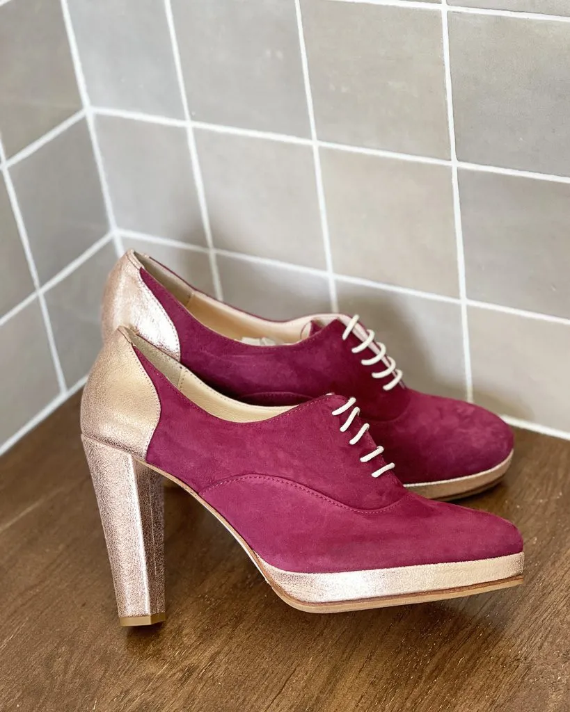 Dessine Moi Un Soulier Richelieu plateforme velours grenat or rose