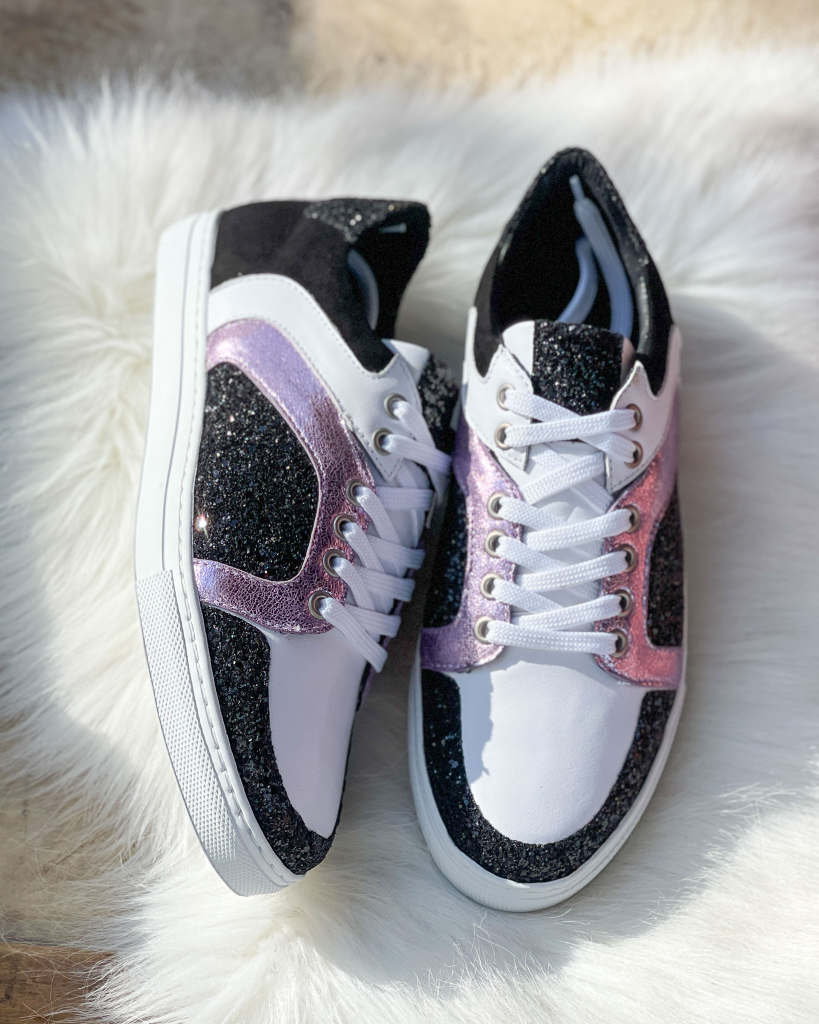 Dessine Moi Un Soulier basket cuir blanc glitter noir lilas