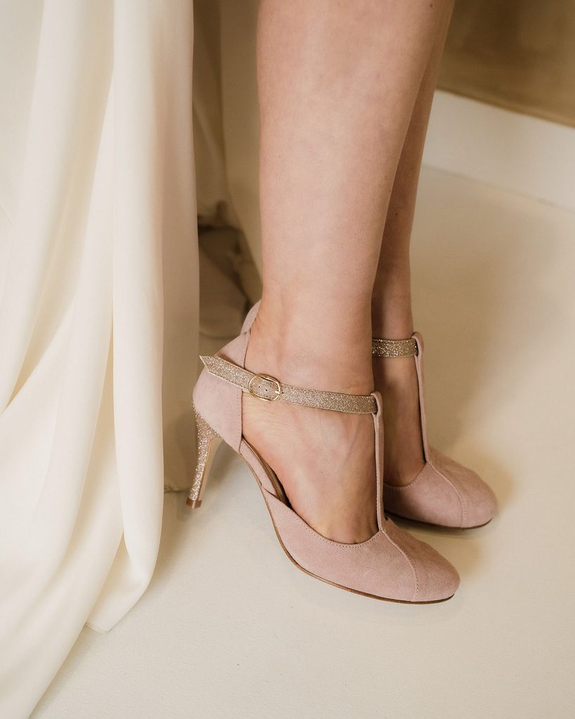 Dessine Moi Un Soulier Salomé velours vieux rose paillettes dorées