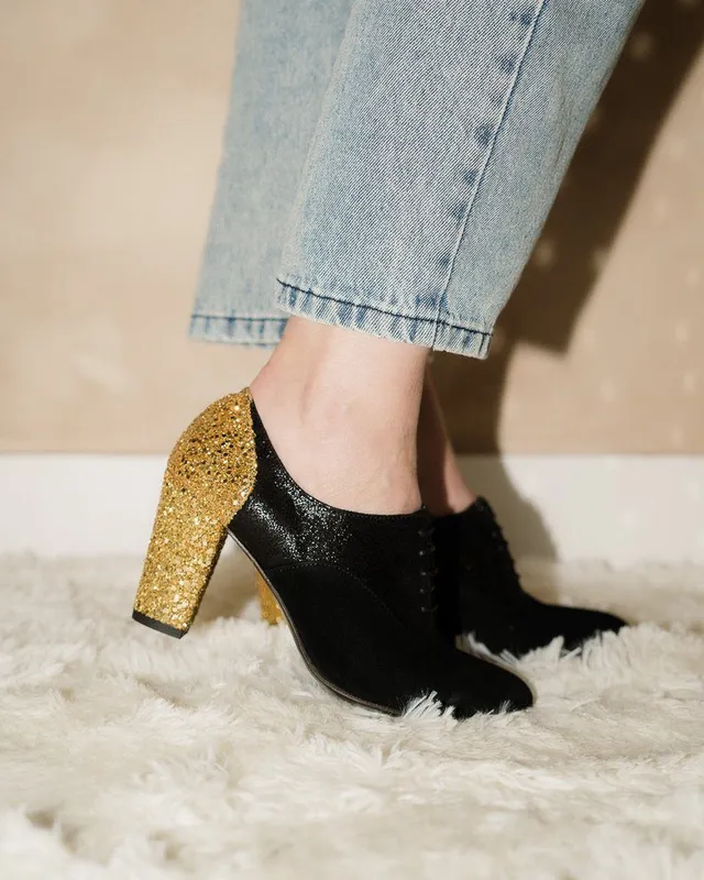 Dessine Moi Un Soulier Richelieu Talon irisé noir glitter or