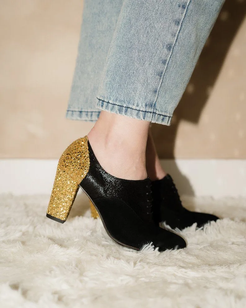 Dessine Moi Un Soulier Richelieu Talon irisé noir glitter or