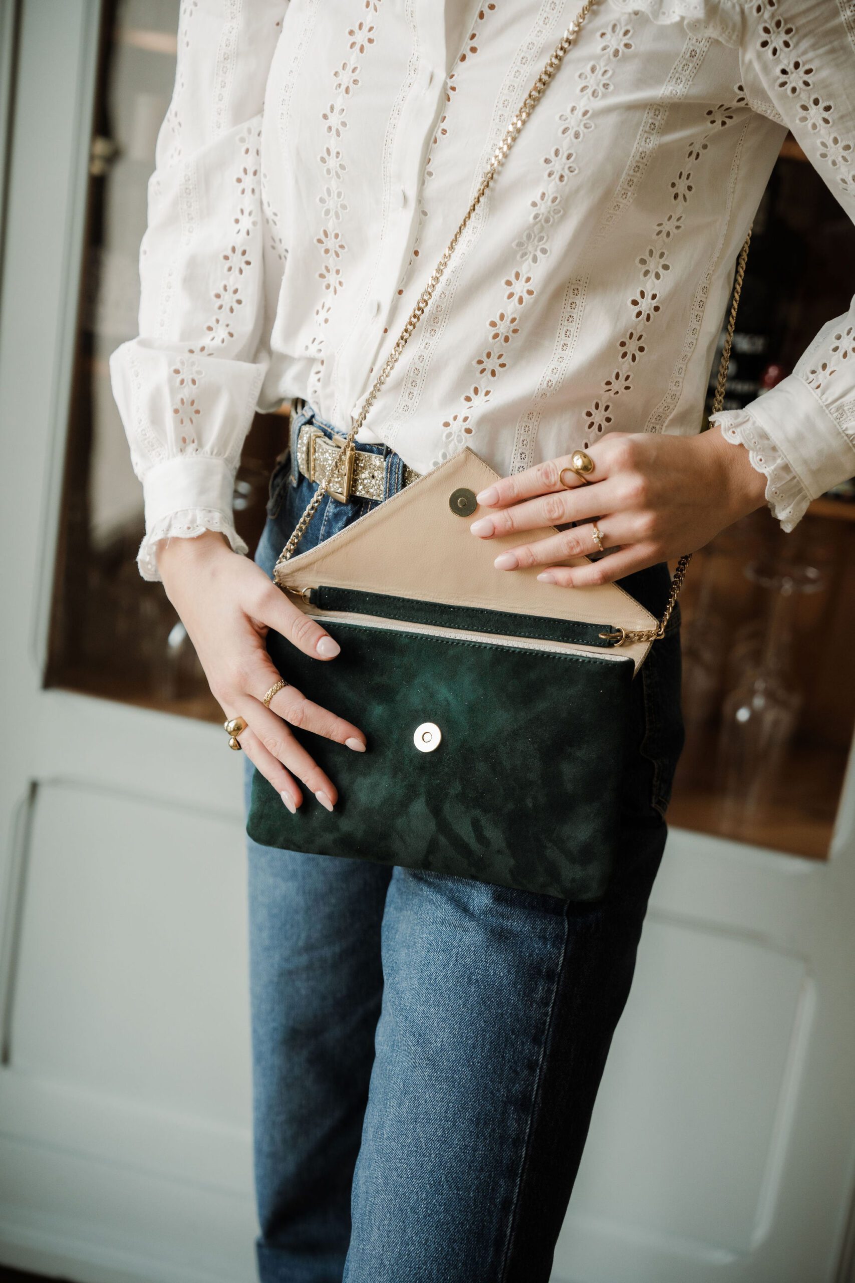 Dessine Moi Un Soulier Enveloppe pochette vert sapin or blond
