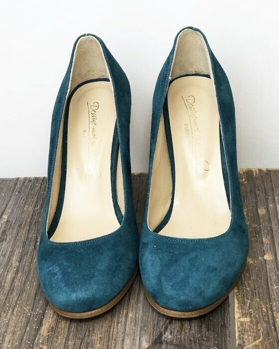 Dessine Moi Un Soulier Escarpin velours bleu canard glitter rouge