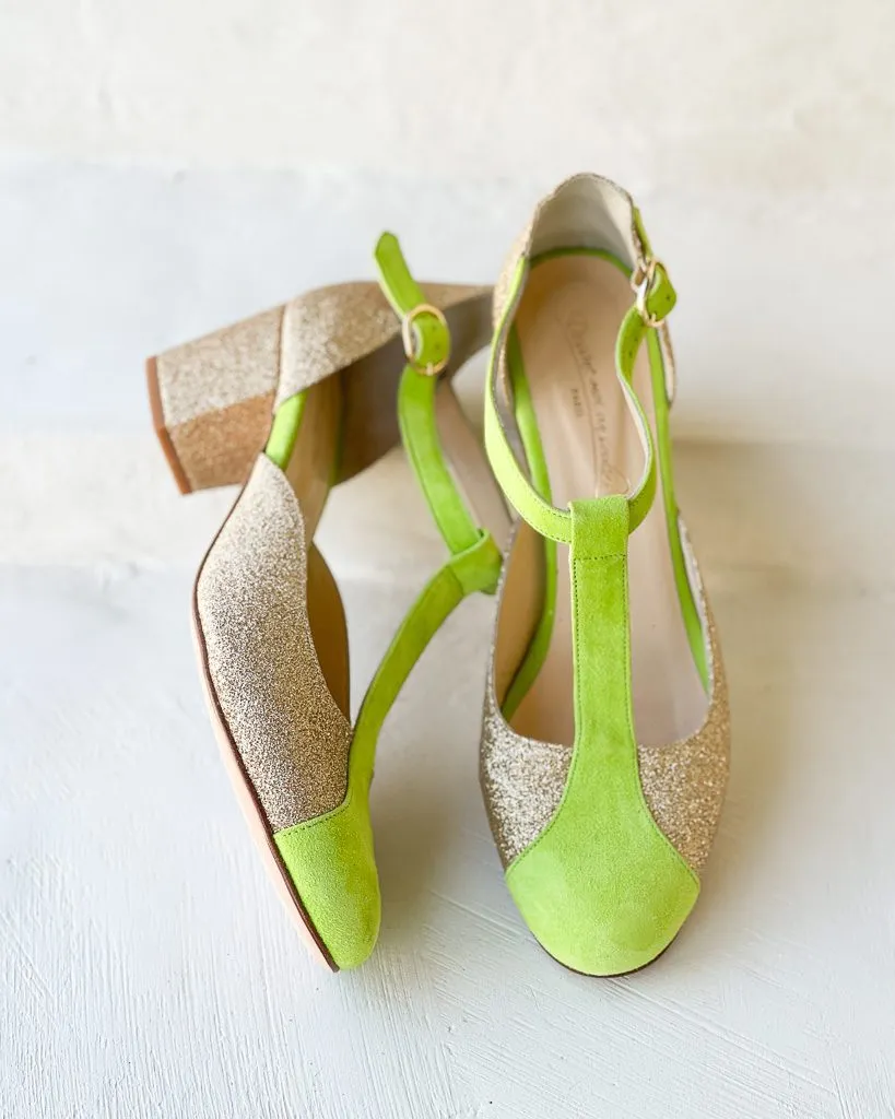 Dessine Moi Un Soulier Salomé paillette champagne vert fluo 40