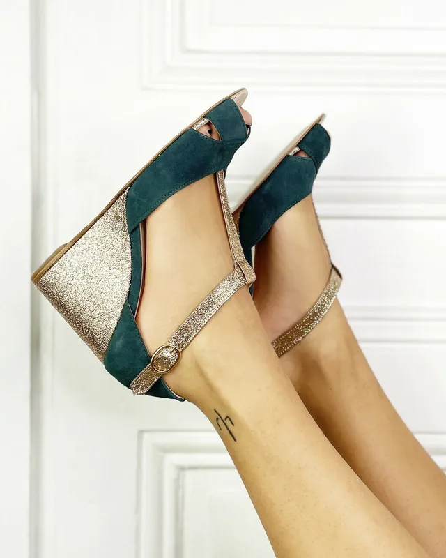 Dessine Moi Un Soulier Salomé compensé velours eucalyptus champagne
