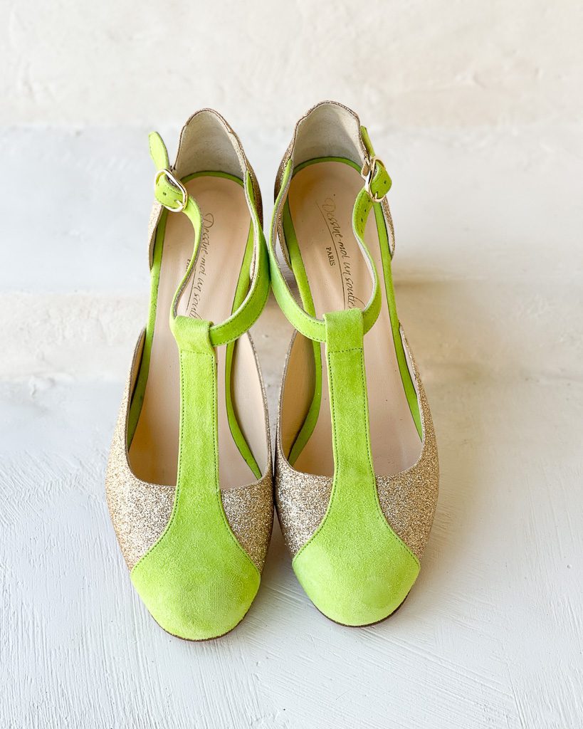 Dessine Moi Un Soulier Salomé paillette champagne vert fluo 40