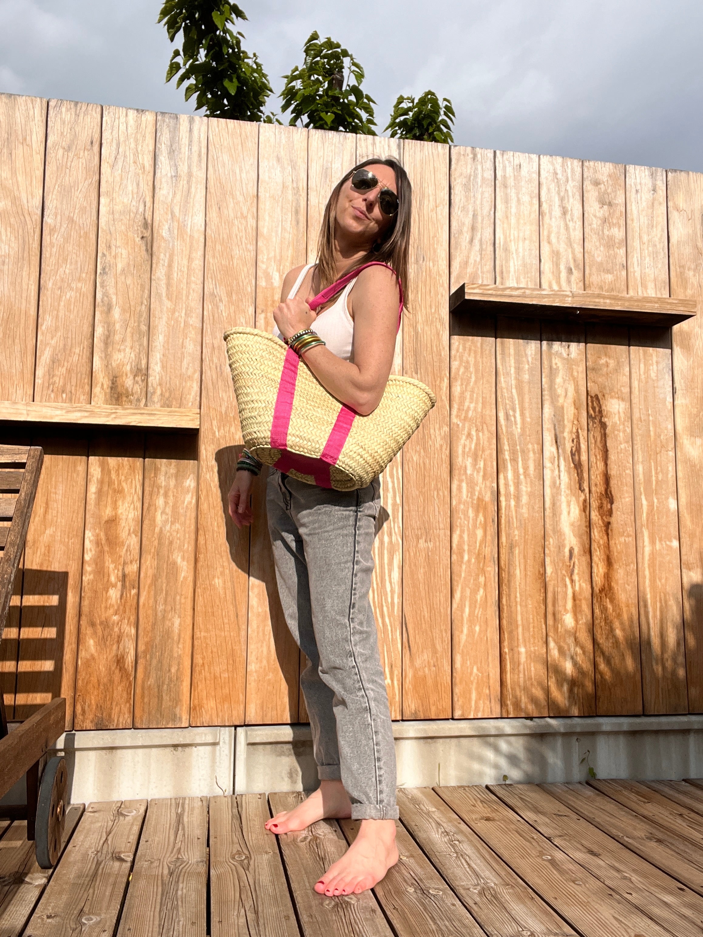 Coralie Masson Chorfa panier tressé rose anses cuir