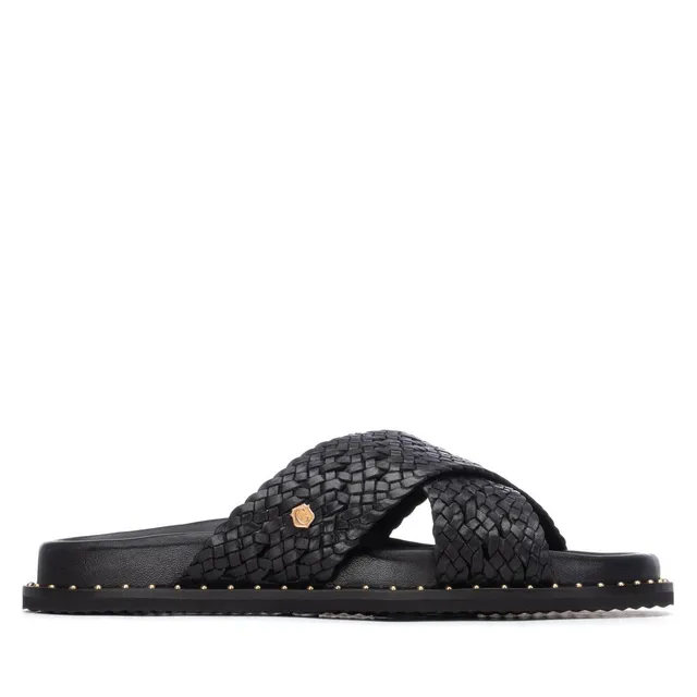 Carmela 16305301 sandale plate noir cuir tressé