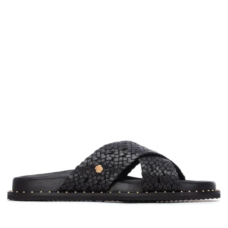 Carmela 16305301 sandale plate noir cuir tressé