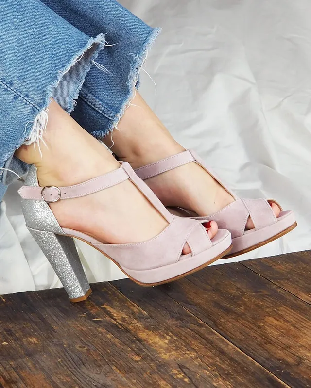 Dessine Moi Un Soulier salomé plateforme velours rose paillettes
