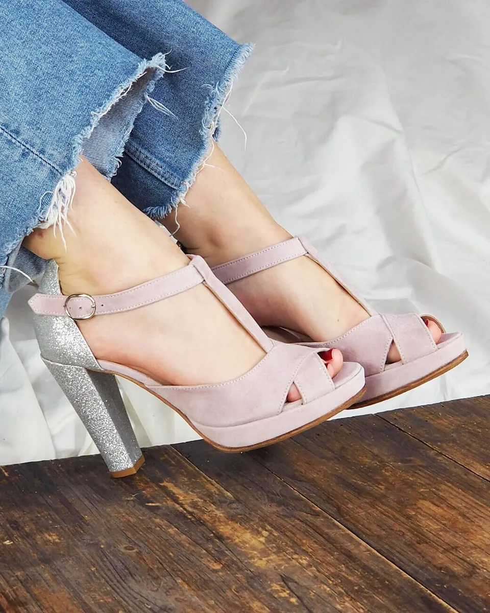 Dessine Moi Un Soulier salomé plateforme velours rose paillettes