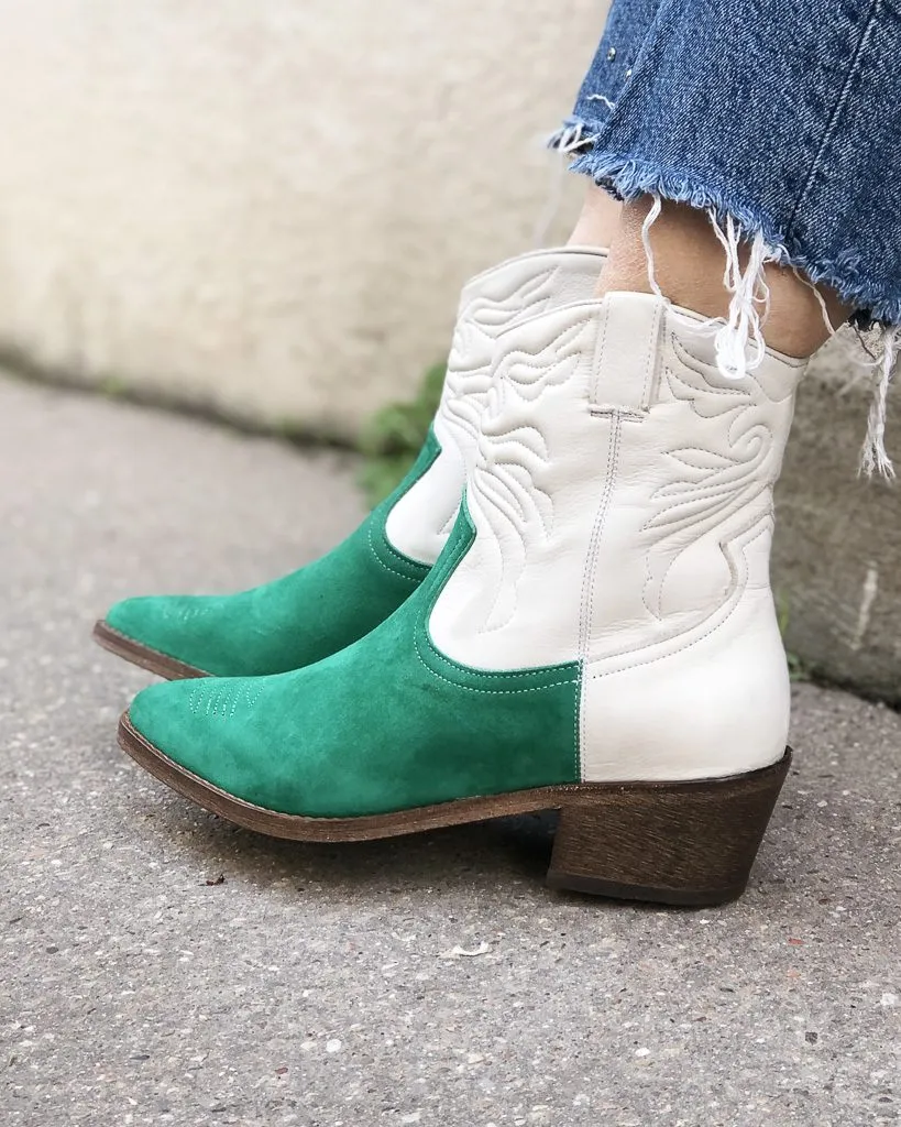 Dessine Moi Un Soulier Santiag bottines velours vert émeraude blanc