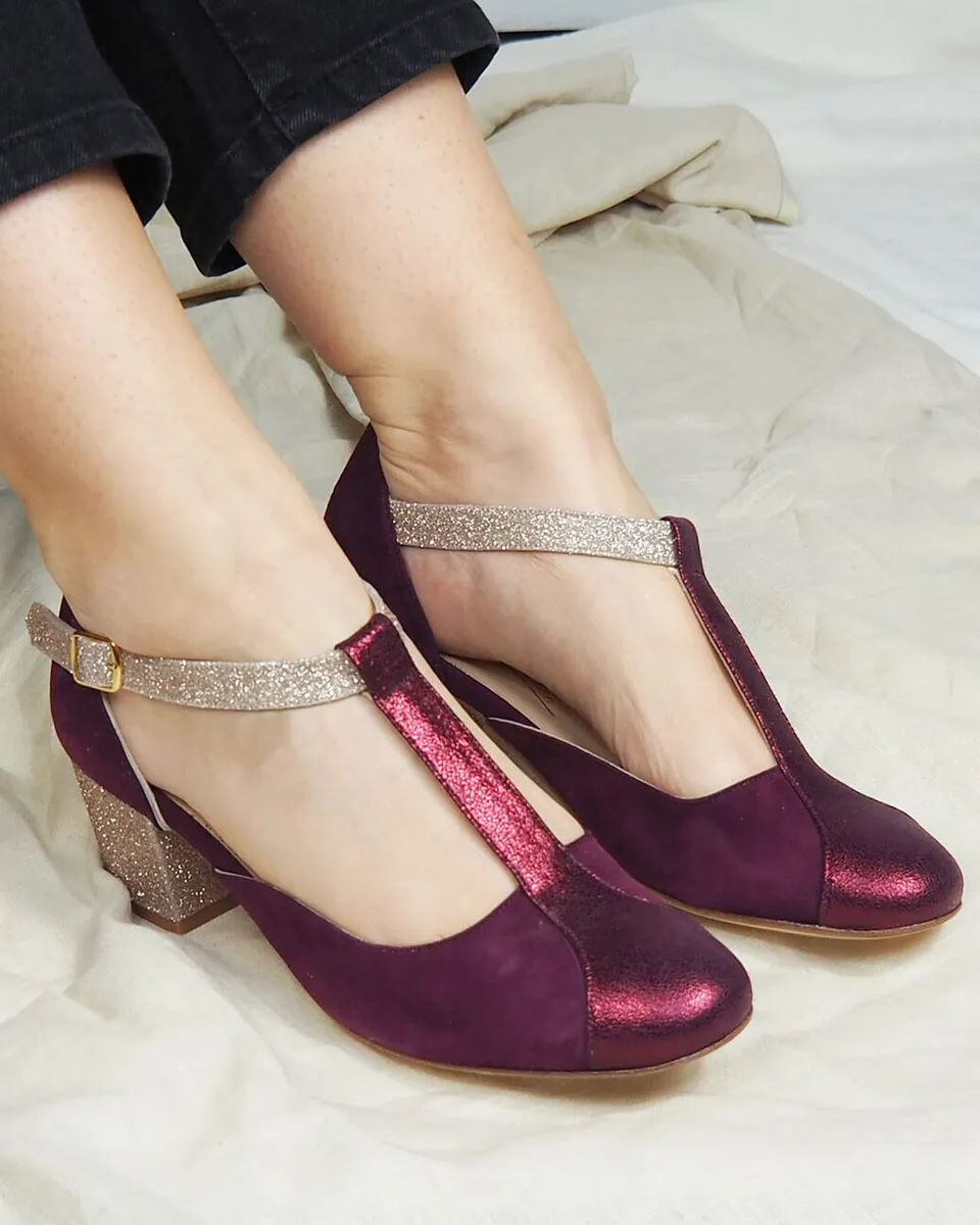 Dessine Moi Un Soulier Salomé velours irisé grenat or blond escarpins